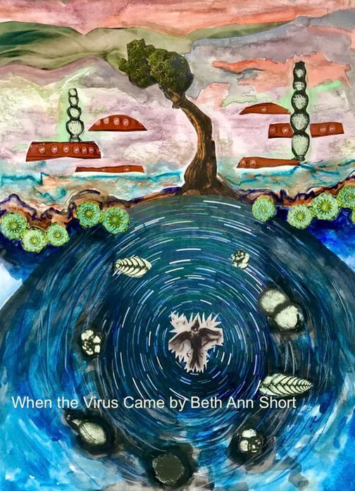 Mixed media art piece with a bird at the bottom surrounded by leaves and seeds. Above, a lone crooked tree sits on the surface. The sky is full of pastel colors.